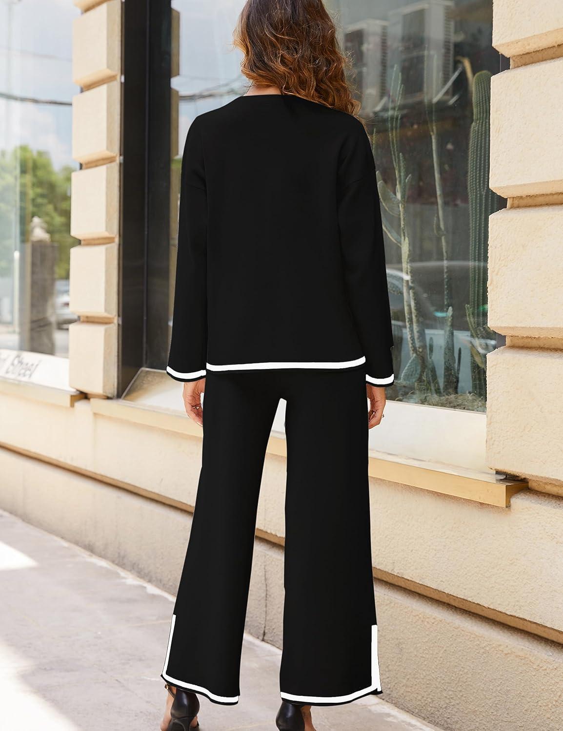 imageTanming Womens 2 Piece Outfits Long Sleeve Knit Sweater Top Wide Leg Pants Lounge Sets Tracksuits