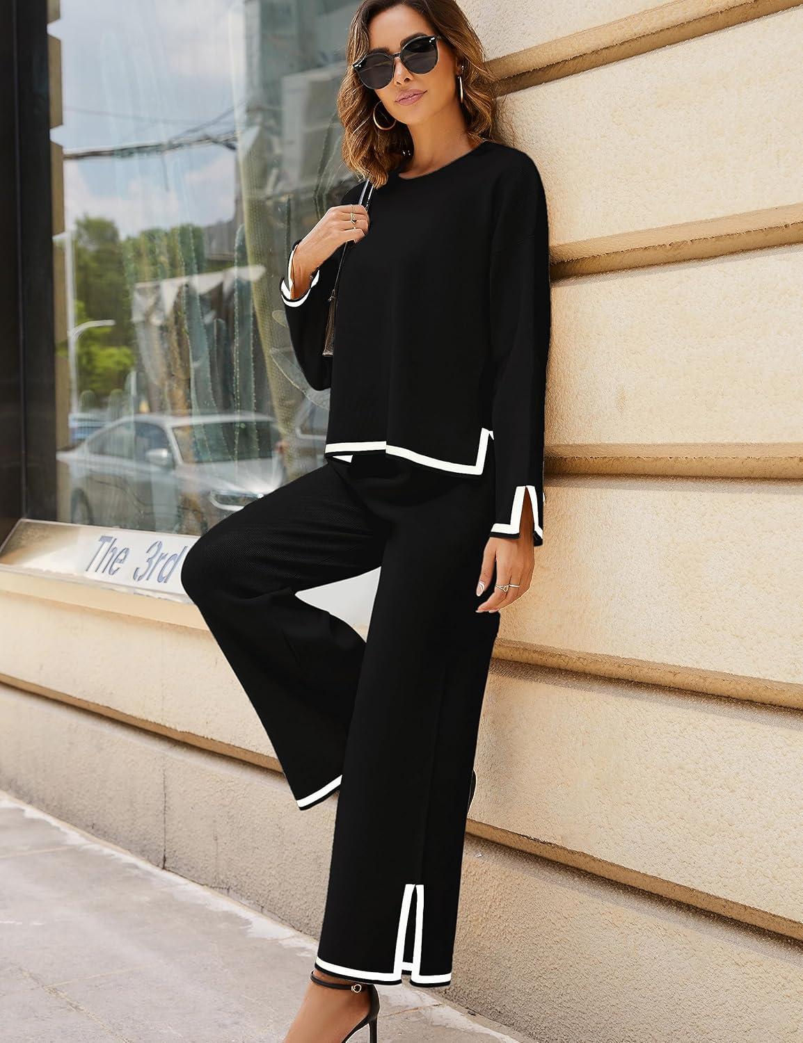 imageTanming Womens 2 Piece Outfits Long Sleeve Knit Sweater Top Wide Leg Pants Lounge Sets Tracksuits