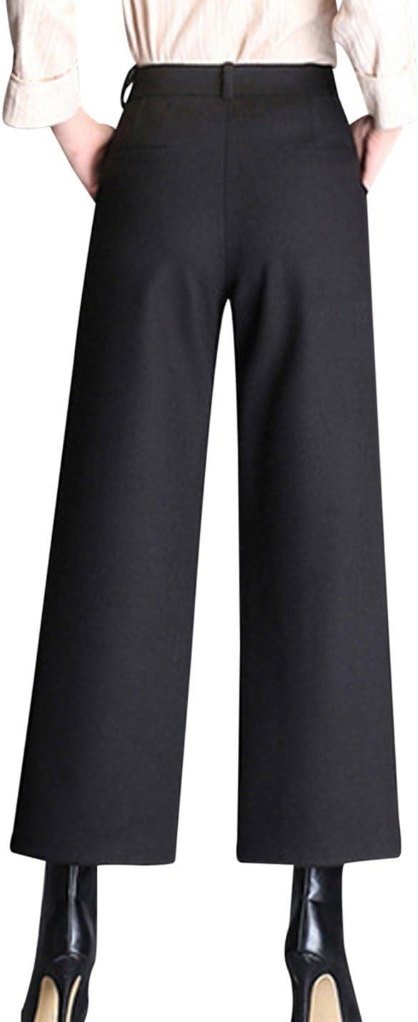 imageTanming Womens Casual High Waist Trousers Wool Blend Cropped Wide Leg PantsBlack