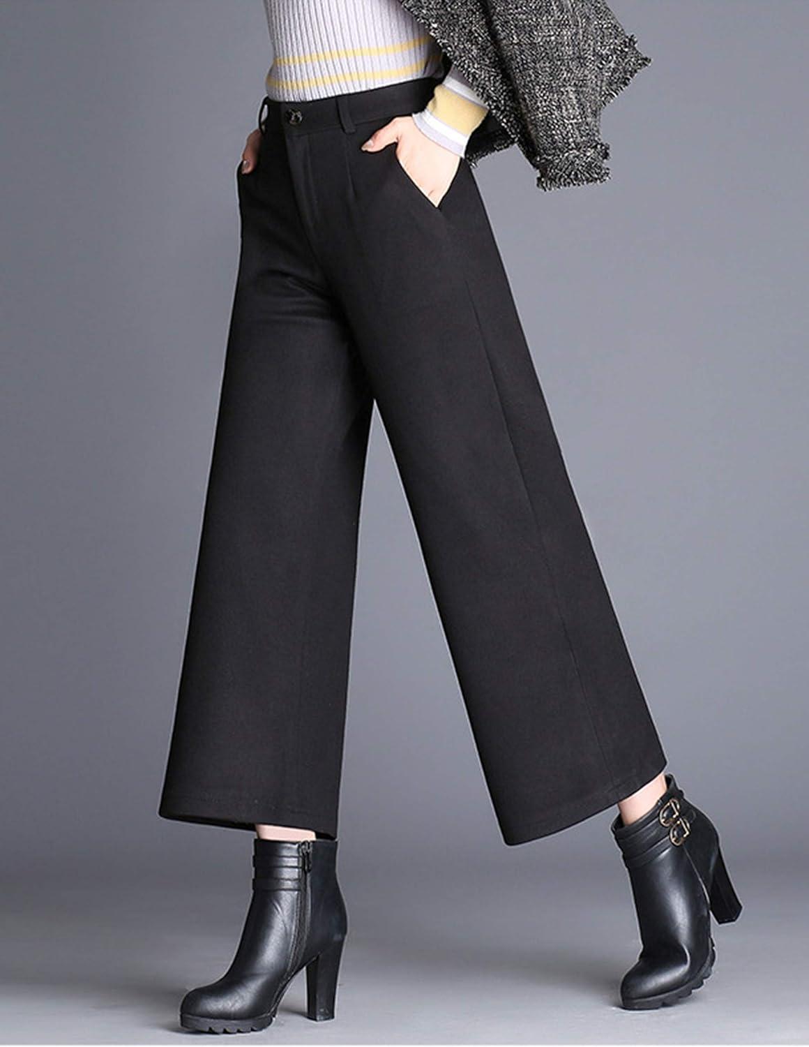 imageTanming Womens Casual High Waist Trousers Wool Blend Cropped Wide Leg PantsBlack