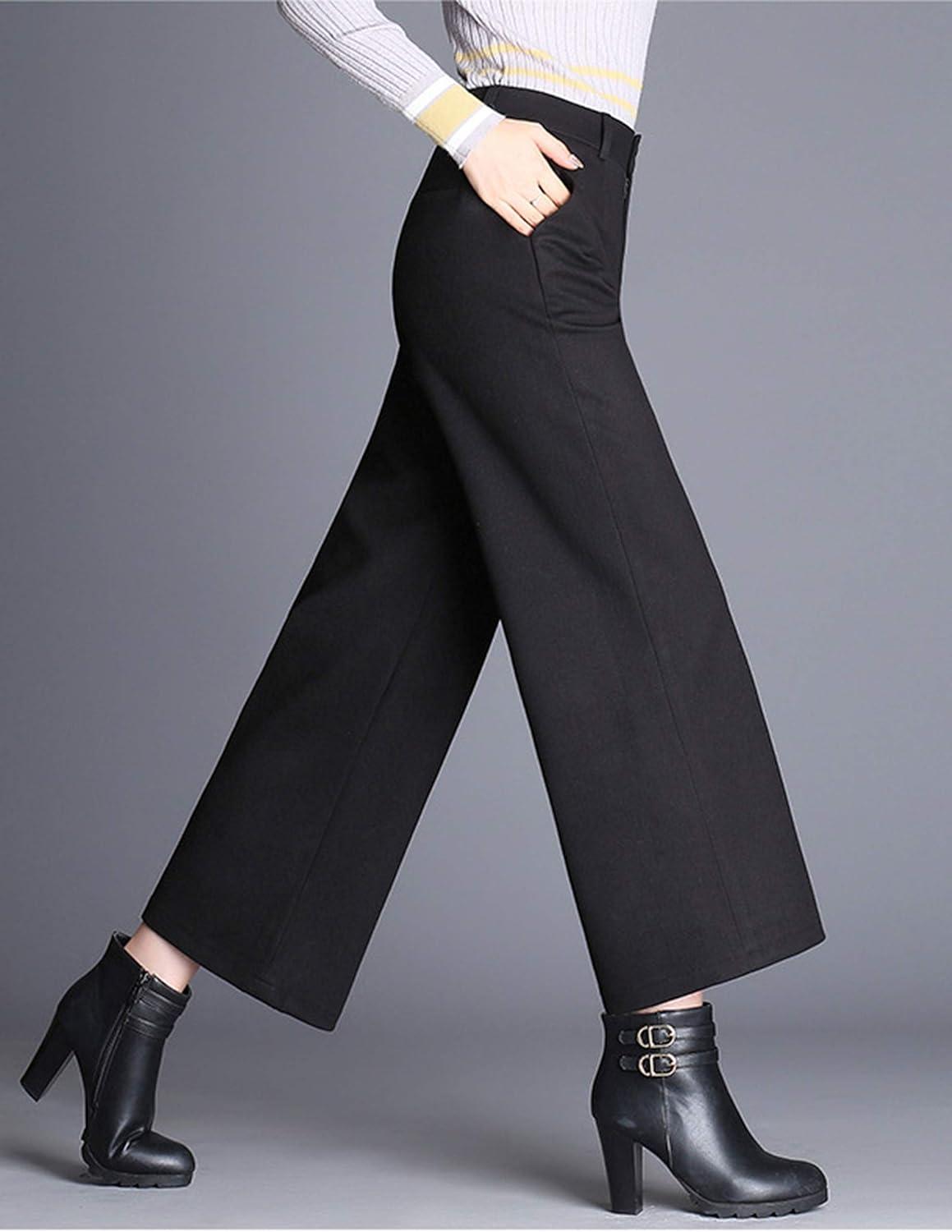imageTanming Womens Casual High Waist Trousers Wool Blend Cropped Wide Leg PantsBlack