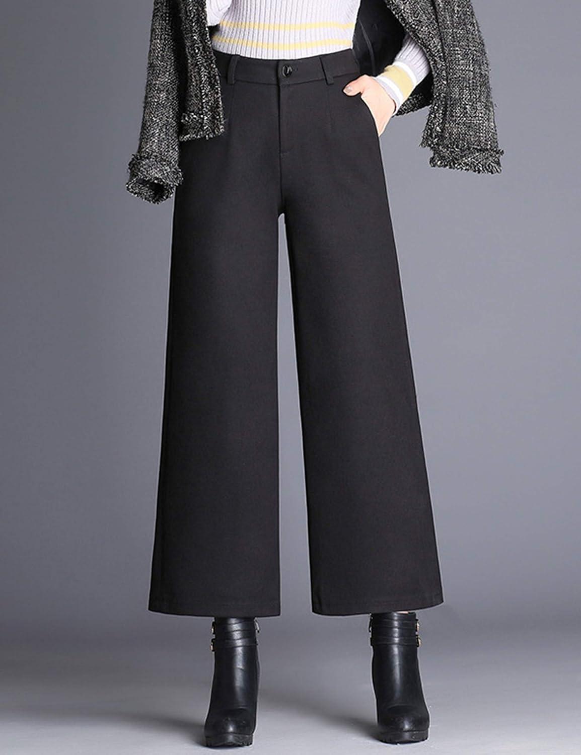 imageTanming Womens Casual High Waist Trousers Wool Blend Cropped Wide Leg PantsBlack