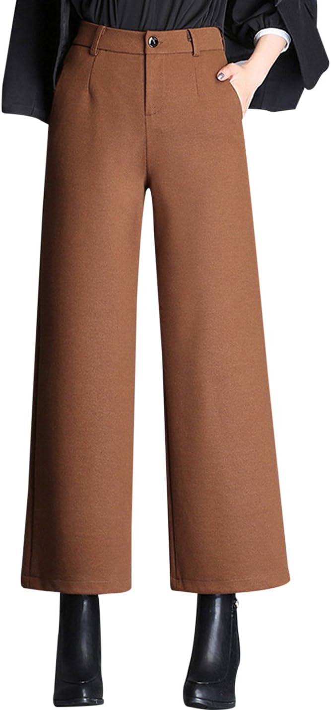 imageTanming Womens Casual High Waist Trousers Wool Blend Cropped Wide Leg PantsBrown