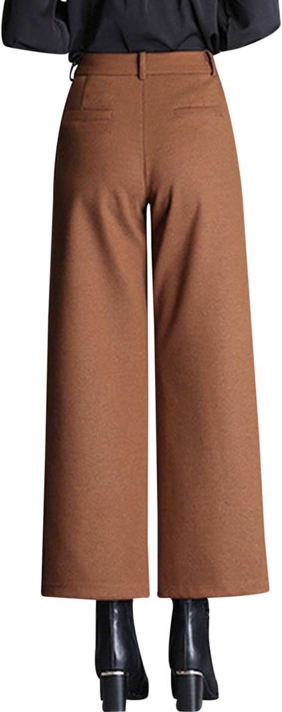 imageTanming Womens Casual High Waist Trousers Wool Blend Cropped Wide Leg PantsBrown