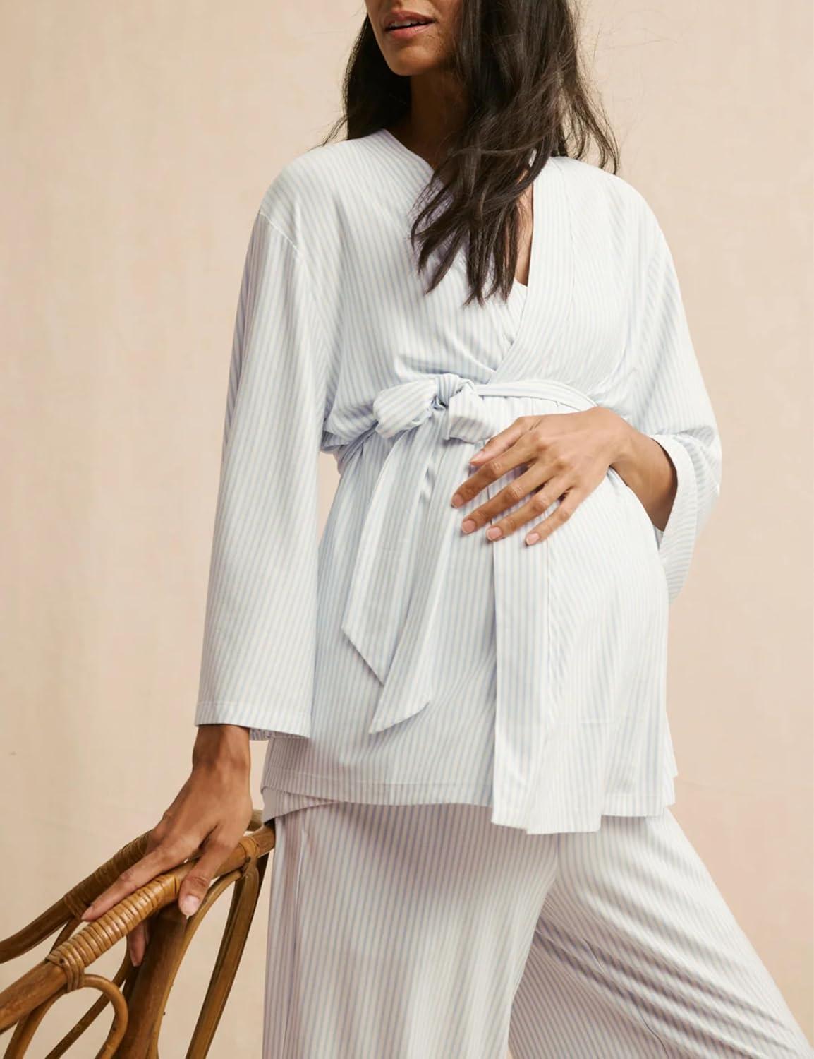 imageTanming Womens Pjs Sets 3 Piece Lounge Sets Striped Wrap Top Camisole Wide Leg Pants Cute Soft Pajama Set