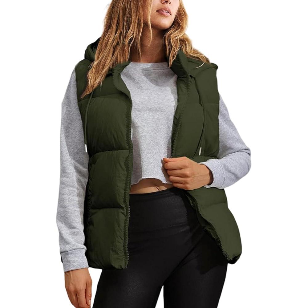 imageTanming Black Puffer Vest Women Zip Up Lightweight Sleeveless Winter Outerwear Vests with HoodArmy Green