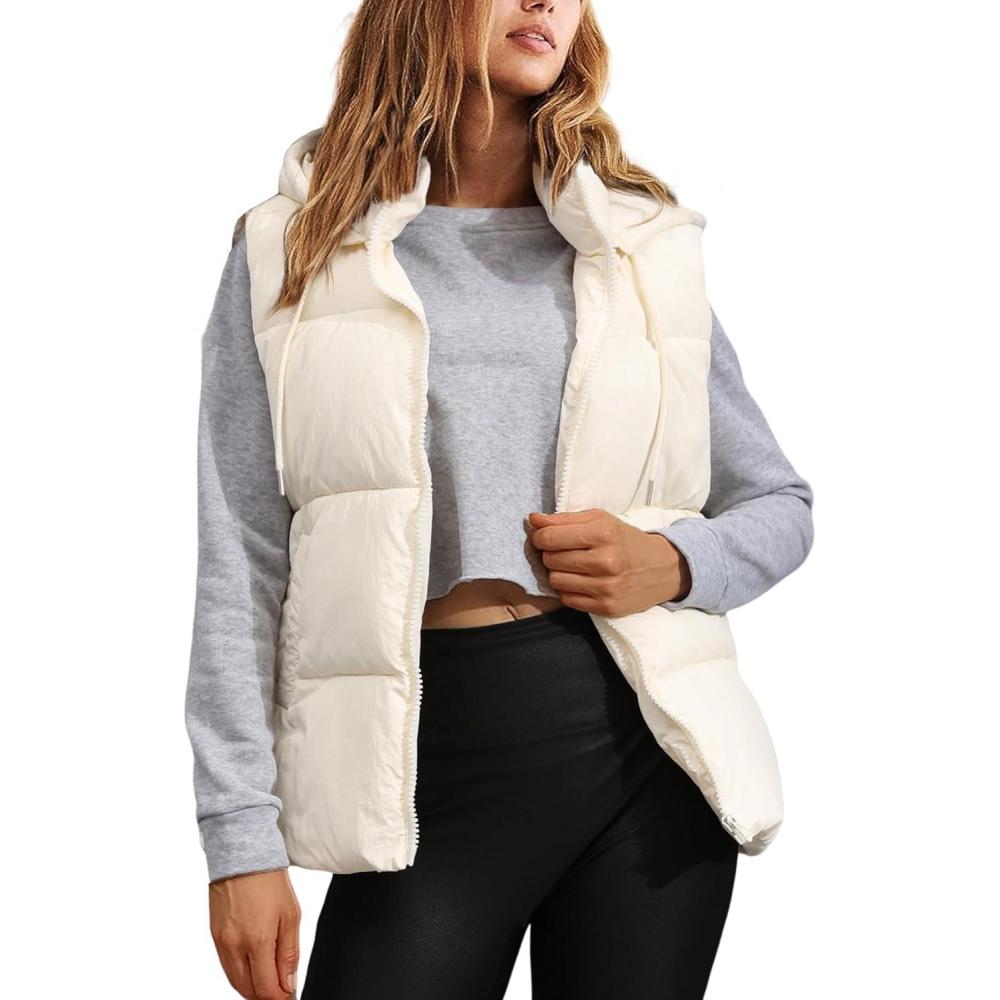 imageTanming Black Puffer Vest Women Zip Up Lightweight Sleeveless Winter Outerwear Vests with HoodBeige