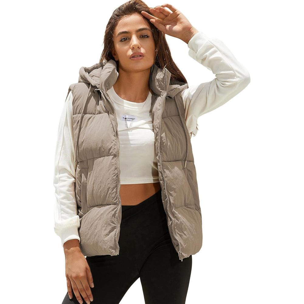imageTanming Black Puffer Vest Women Zip Up Lightweight Sleeveless Winter Outerwear Vests with HoodLight Khaki