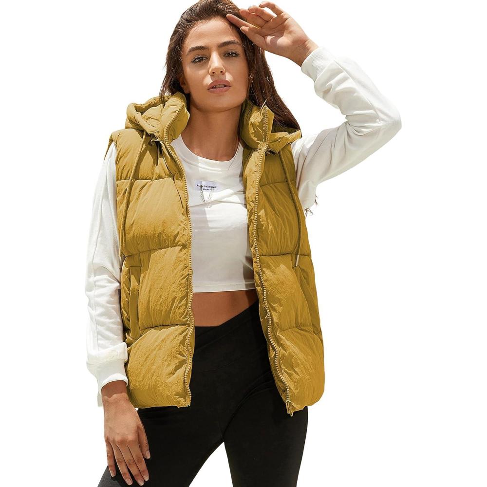imageTanming Black Puffer Vest Women Zip Up Lightweight Sleeveless Winter Outerwear Vests with HoodYellow