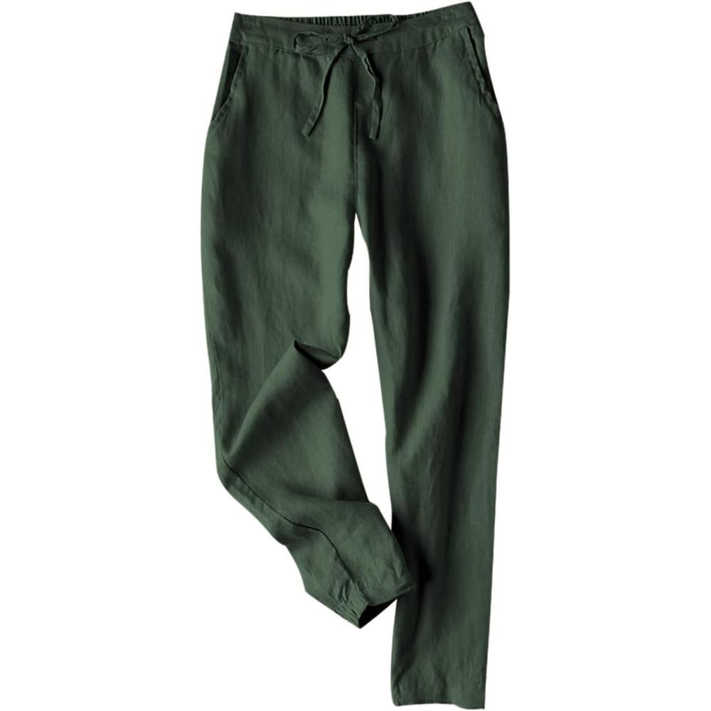 imageTanming Linen Pants for Women Summer Casual High Waisted Drawstring White Beach PantArmygreen