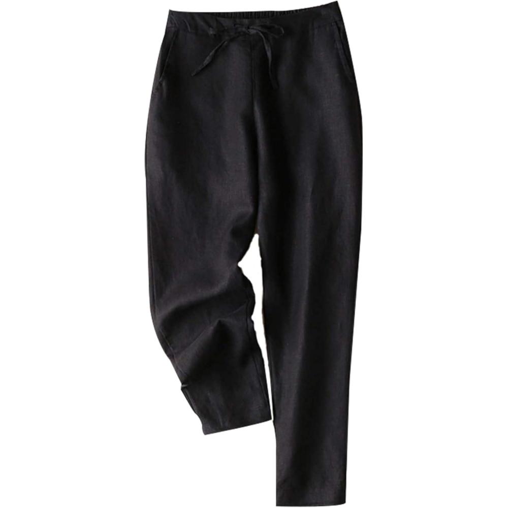 imageTanming Linen Pants for Women Summer Casual High Waisted Drawstring White Beach PantBlack03