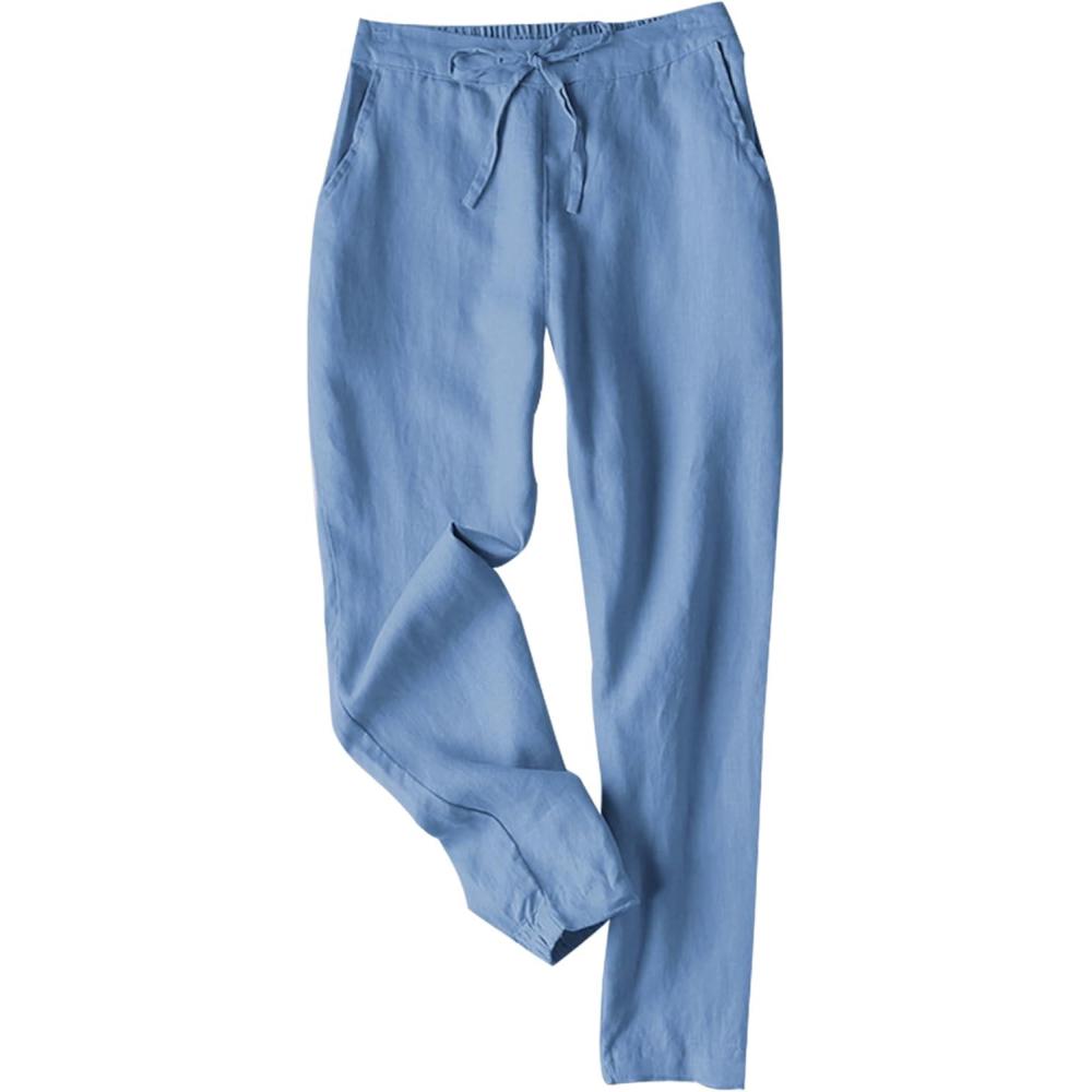 imageTanming Linen Pants for Women Summer Casual High Waisted Drawstring White Beach PantBlue