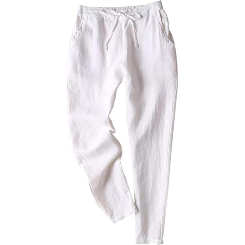 imageTanming Linen Pants for Women Summer Casual High Waisted Drawstring White Beach PantWhite
