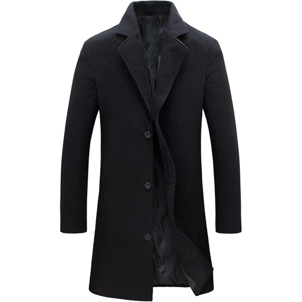 imageTanming Mens Black Trench Coat Notched Lapel Single Breasted Long Peacoat OvercoatBlack