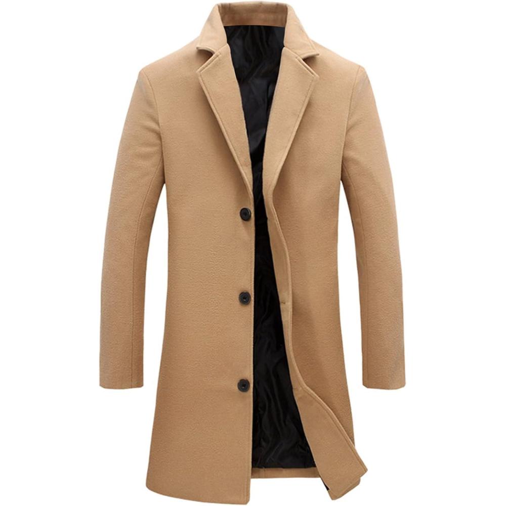 imageTanming Mens Black Trench Coat Notched Lapel Single Breasted Long Peacoat OvercoatKhaki