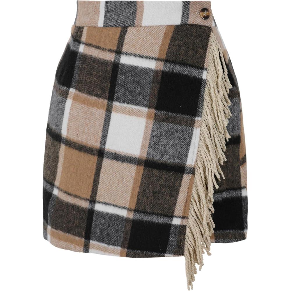 imageTanming Plaid Skirts for Women High Waist Bodycon Pencil Fringe Mini Skirts Fall Winter Wool Wrap SkirtKhaki