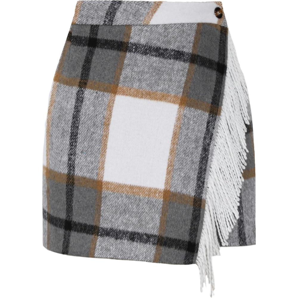 imageTanming Plaid Skirts for Women High Waist Bodycon Pencil Fringe Mini Skirts Fall Winter Wool Wrap SkirtLight Grey
