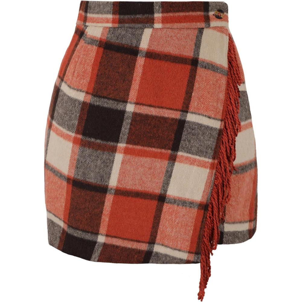 imageTanming Plaid Skirts for Women High Waist Bodycon Pencil Fringe Mini Skirts Fall Winter Wool Wrap SkirtOrange