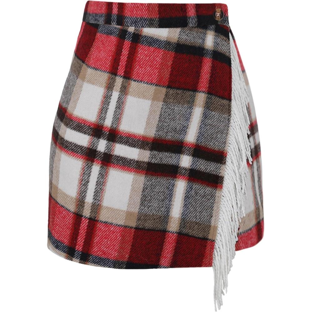 imageTanming Plaid Skirts for Women High Waist Bodycon Pencil Fringe Mini Skirts Fall Winter Wool Wrap SkirtWine Red