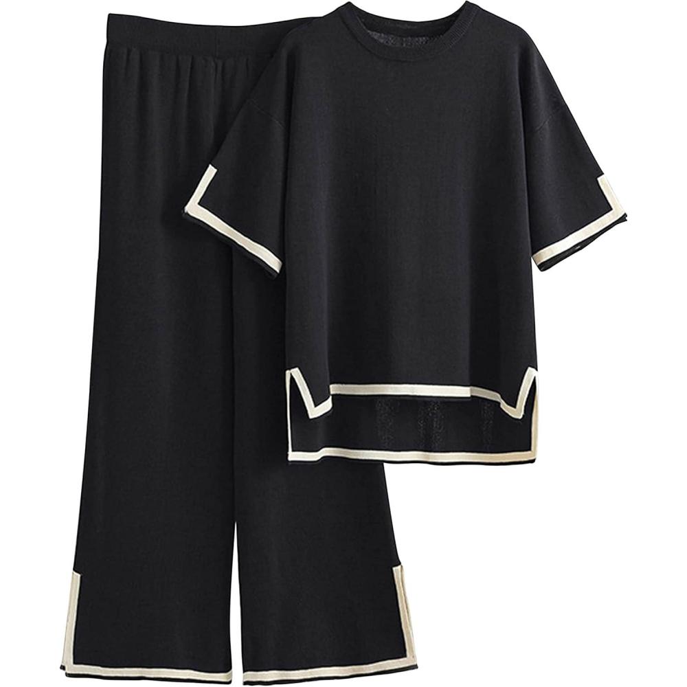 imageTanming Sweater Sets Women 2 Piece Lounge Sets Short Sleeve Knit Pullover Tops Wide Leg PantsBlack