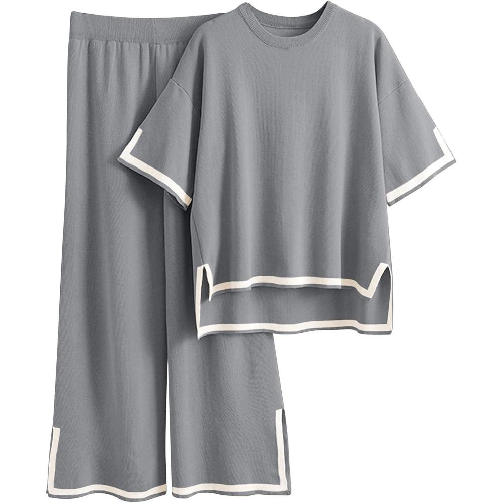 imageTanming Sweater Sets Women 2 Piece Lounge Sets Short Sleeve Knit Pullover Tops Wide Leg PantsGrey