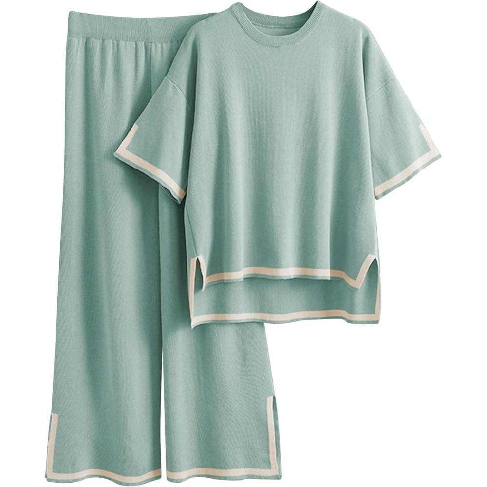 imageTanming Sweater Sets Women 2 Piece Lounge Sets Short Sleeve Knit Pullover Tops Wide Leg PantsGrey Green