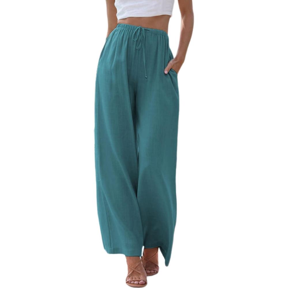 imageTanming Wide Leg Linen Pants for Women Summer Flowy High Waisted Beach Palazzo TrousersBlue