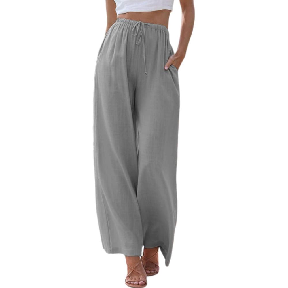 imageTanming Wide Leg Linen Pants for Women Summer Flowy High Waisted Beach Palazzo TrousersGrey