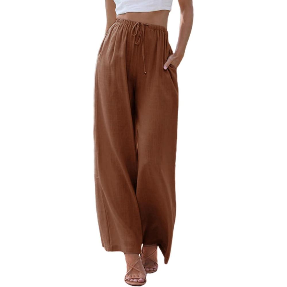 imageTanming Wide Leg Linen Pants for Women Summer Flowy High Waisted Beach Palazzo TrousersRust