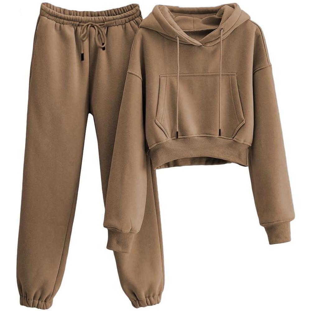 imageTanming Women 2 Piece Outfits Sweatsuits Crop Pullover Fleece Sweatshirt Jogger Pants Lounge SetBrown