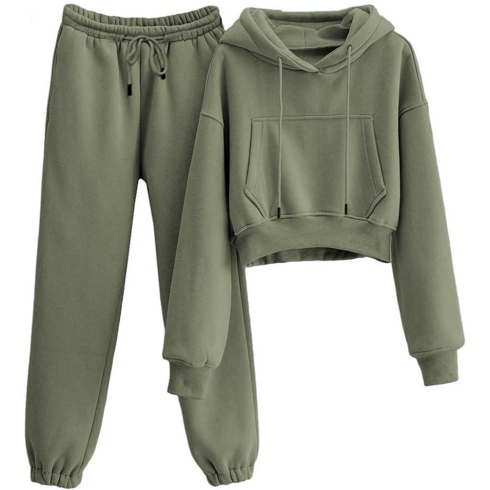 imageTanming Women 2 Piece Outfits Sweatsuits Crop Pullover Fleece Sweatshirt Jogger Pants Lounge SetMoss Green