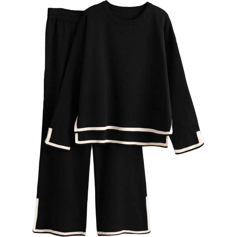 imageTanming Womens 2 Piece Outfits Long Sleeve Knit Sweater Top Wide Leg Pants Lounge Sets Tracksuits