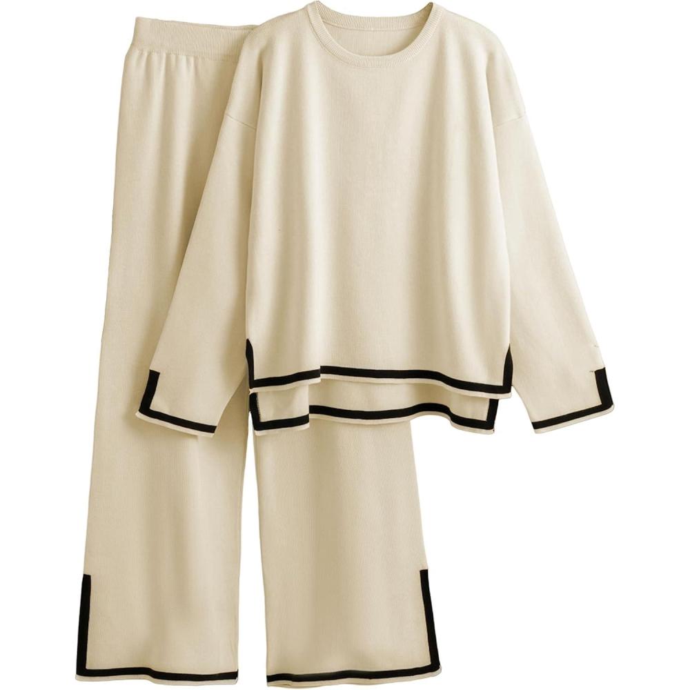 imageTanming Womens 2 Piece Outfits Long Sleeve Knit Sweater Top Wide Leg Pants Lounge Sets TracksuitsApricot