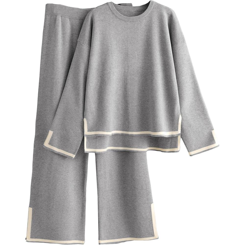 imageTanming Womens 2 Piece Outfits Long Sleeve Knit Sweater Top Wide Leg Pants Lounge Sets TracksuitsGrey