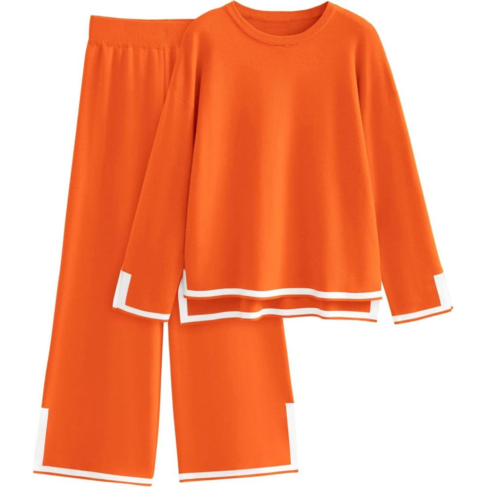 imageTanming Womens 2 Piece Outfits Long Sleeve Knit Sweater Top Wide Leg Pants Lounge Sets TracksuitsOrange