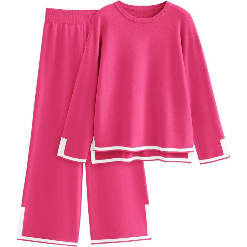 imageTanming Womens 2 Piece Outfits Long Sleeve Knit Sweater Top Wide Leg Pants Lounge Sets TracksuitsRose Red