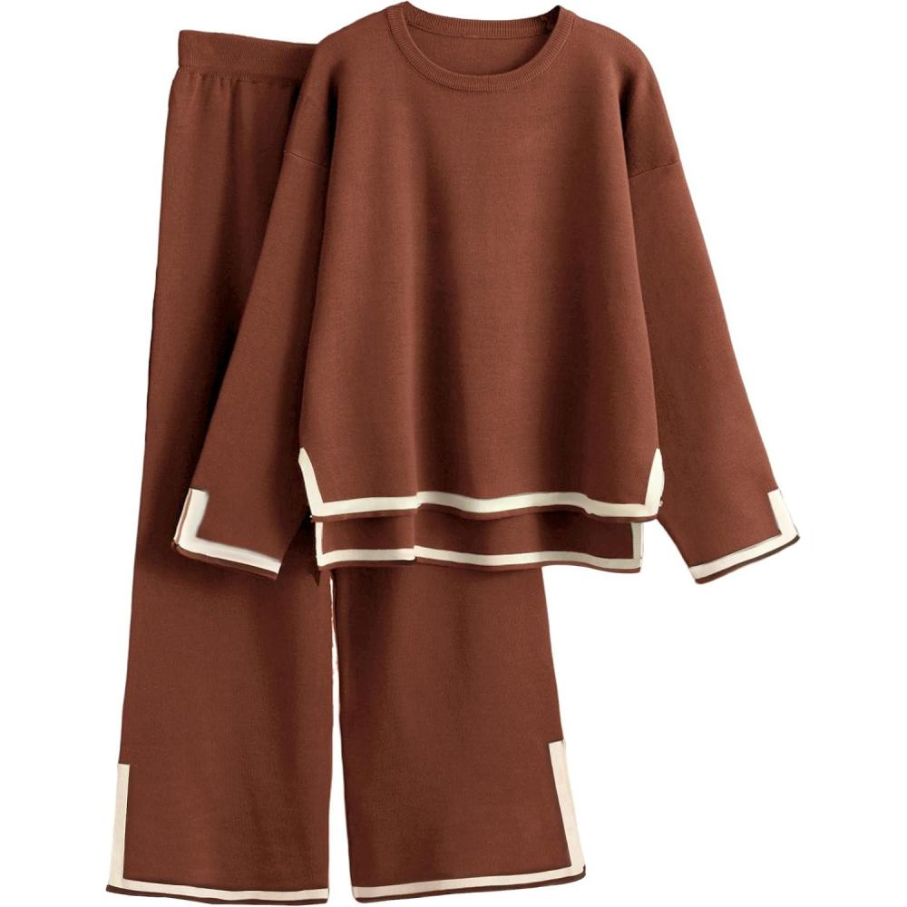 imageTanming Womens 2 Piece Outfits Long Sleeve Knit Sweater Top Wide Leg Pants Lounge Sets TracksuitsRust