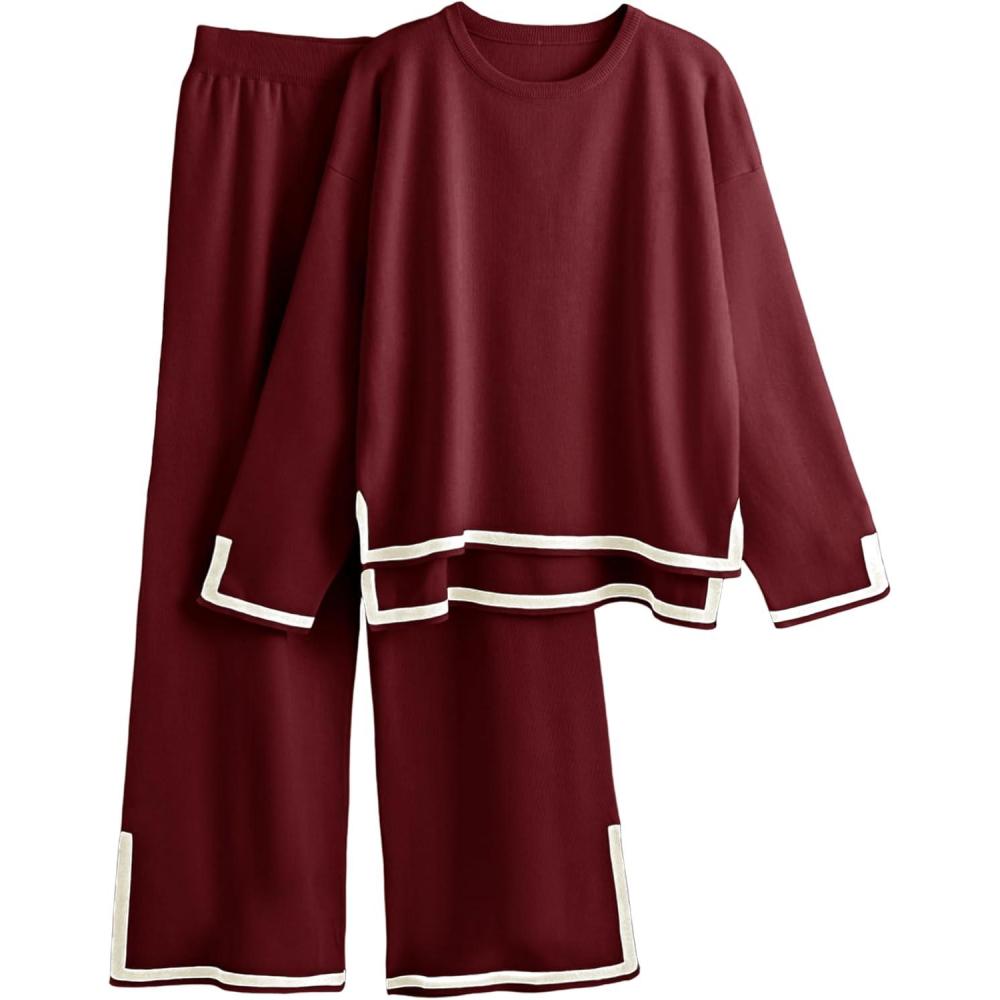 imageTanming Womens 2 Piece Outfits Long Sleeve Knit Sweater Top Wide Leg Pants Lounge Sets TracksuitsWine Red