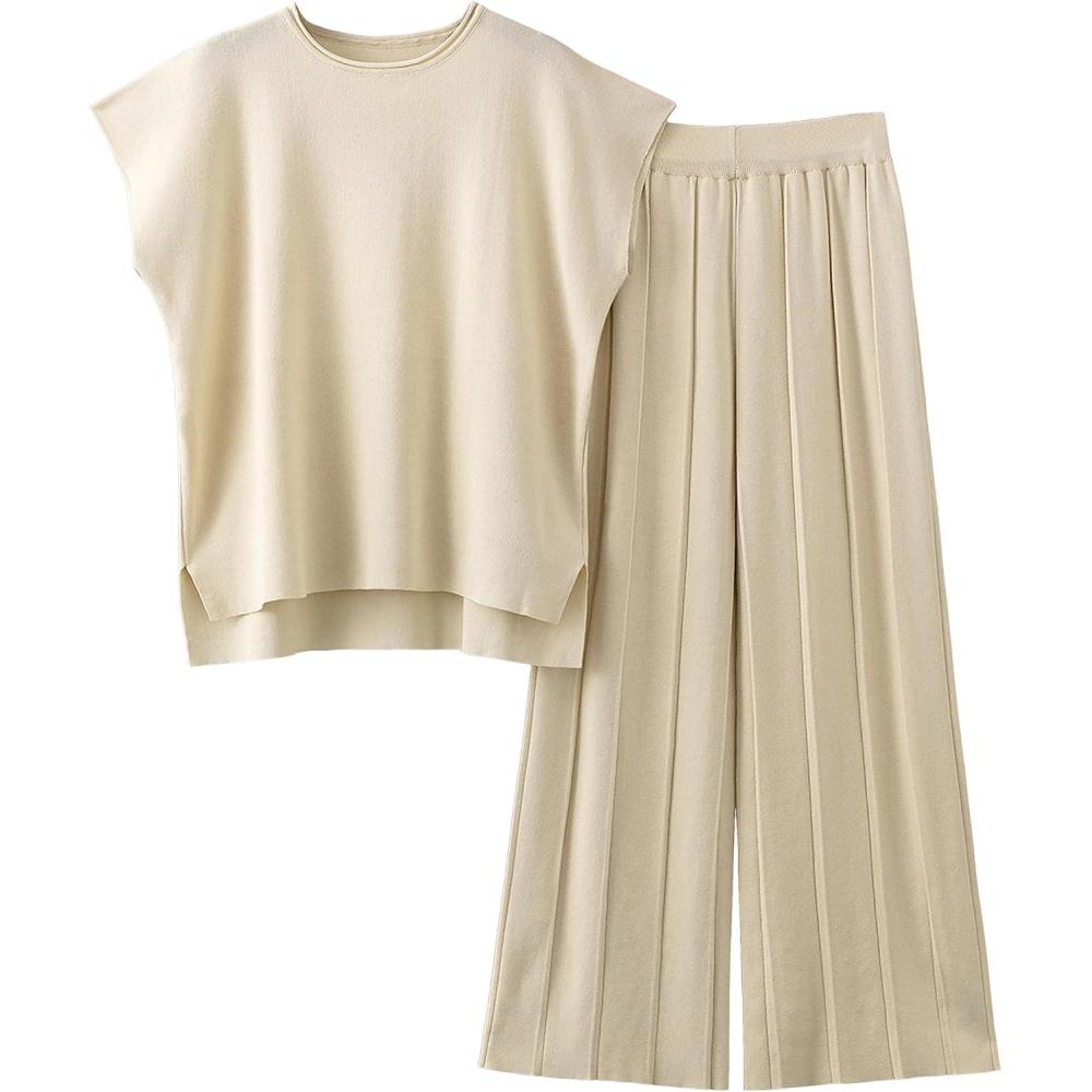 imageTanming Womens 2 Piece Outfits Sweater Set Knit Pullover Tops High Waisted Pants Sweatsuits Lounge SetBeige