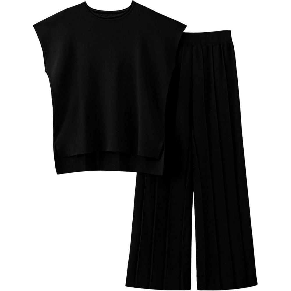 imageTanming Womens 2 Piece Outfits Sweater Set Knit Pullover Tops High Waisted Pants Sweatsuits Lounge SetBlack