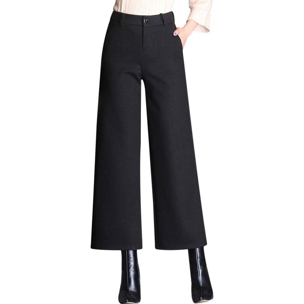 imageTanming Womens Casual High Waist Trousers Wool Blend Cropped Wide Leg PantsBlack