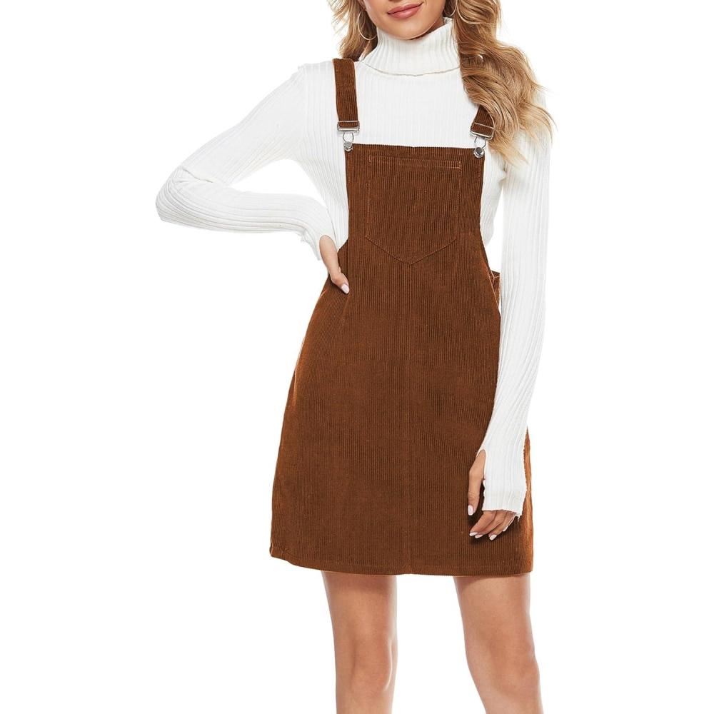 imageTanming Womens Corduroy A Line Cute Jumper Pinafore Bib Overall Mini Dress SkirtBrown