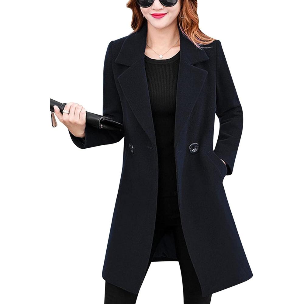 imageTanming Womens Elegant Notched Collar Button Wool Blend Solid Long Pea Coat OvercoatBlack