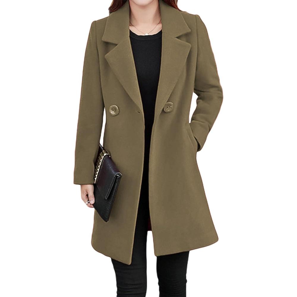 imageTanming Womens Elegant Notched Collar Button Wool Blend Solid Long Pea Coat OvercoatCamel
