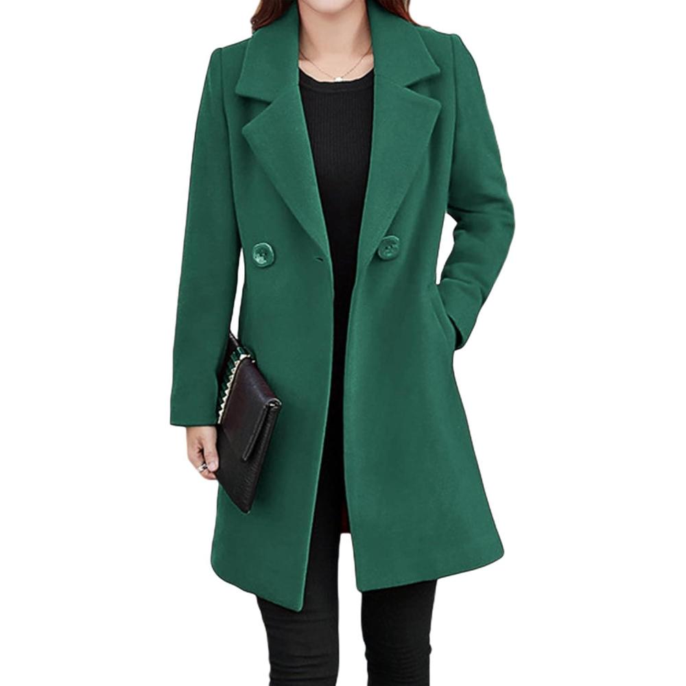 imageTanming Womens Elegant Notched Collar Button Wool Blend Solid Long Pea Coat OvercoatTeal
