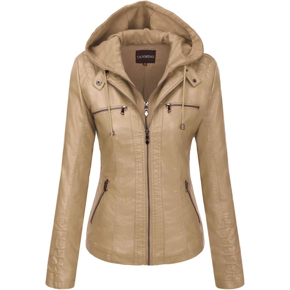 imageTanming Womens Faux Leather Jacket Hooded Moto Biker Coat Outerwear Fall Fashion Outfits Winter ClothesApricot