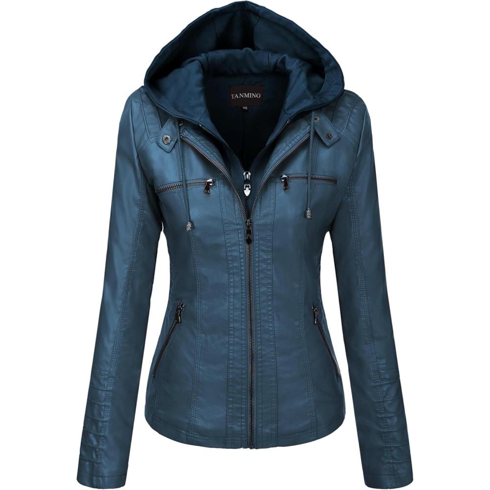 imageTanming Womens Faux Leather Jacket Hooded Moto Biker Coat Outerwear Fall Fashion Outfits Winter ClothesBlue