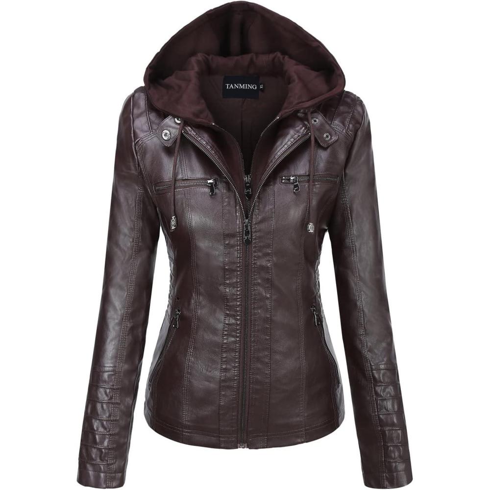 imageTanming Womens Faux Leather Jacket Hooded Moto Biker Coat Outerwear Fall Fashion Outfits Winter ClothesDark Coffee