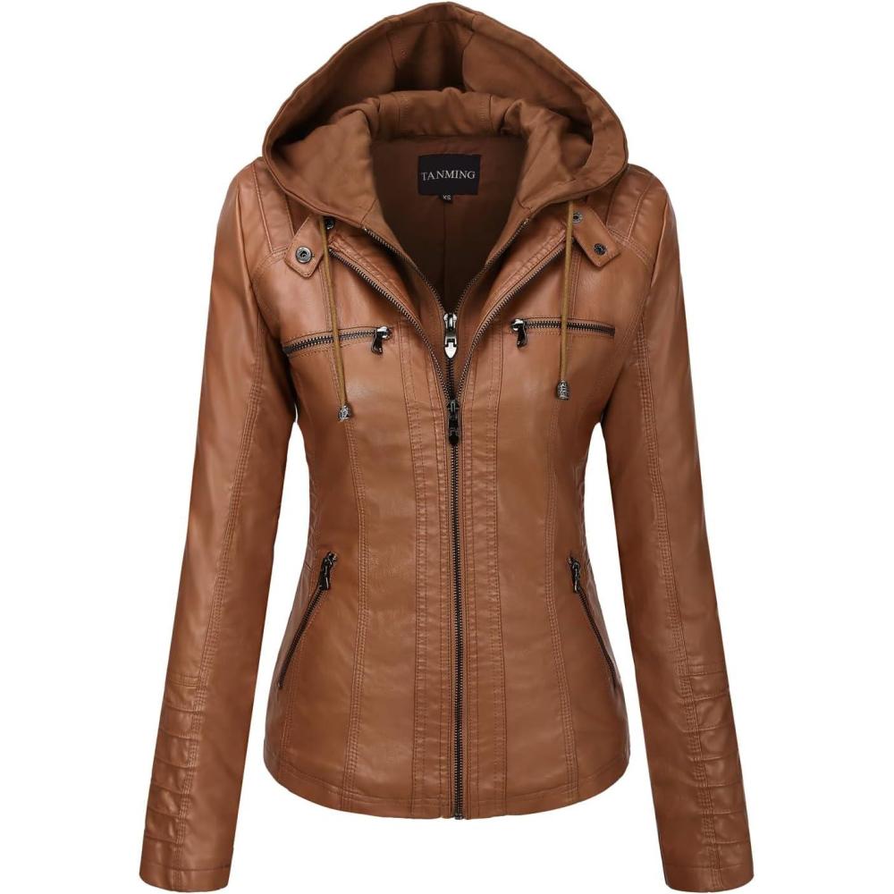imageTanming Womens Faux Leather Jacket Hooded Moto Biker Coat Outerwear Fall Fashion Outfits Winter ClothesLightbrown