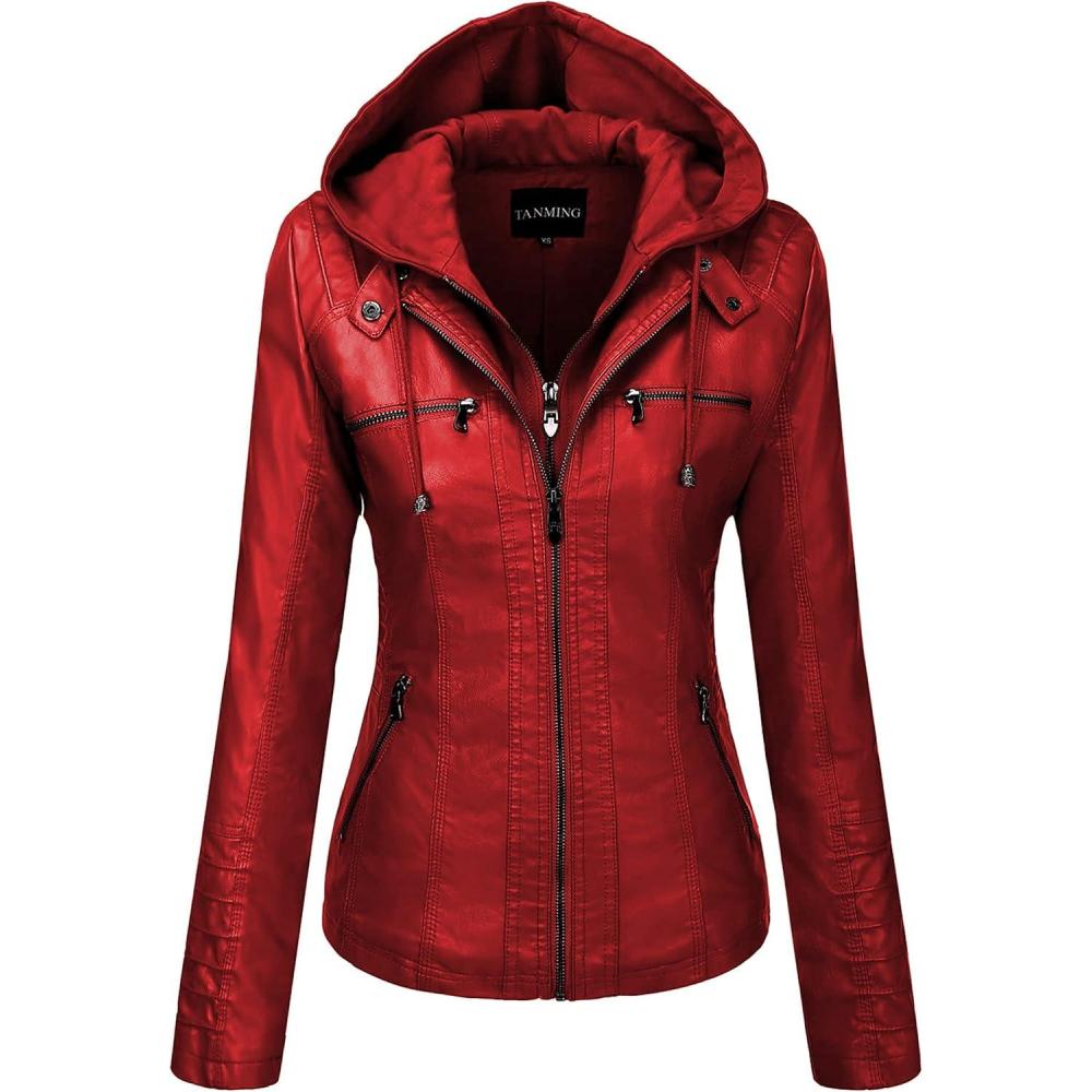imageTanming Womens Faux Leather Jacket Hooded Moto Biker Coat Outerwear Fall Fashion Outfits Winter ClothesWine Red